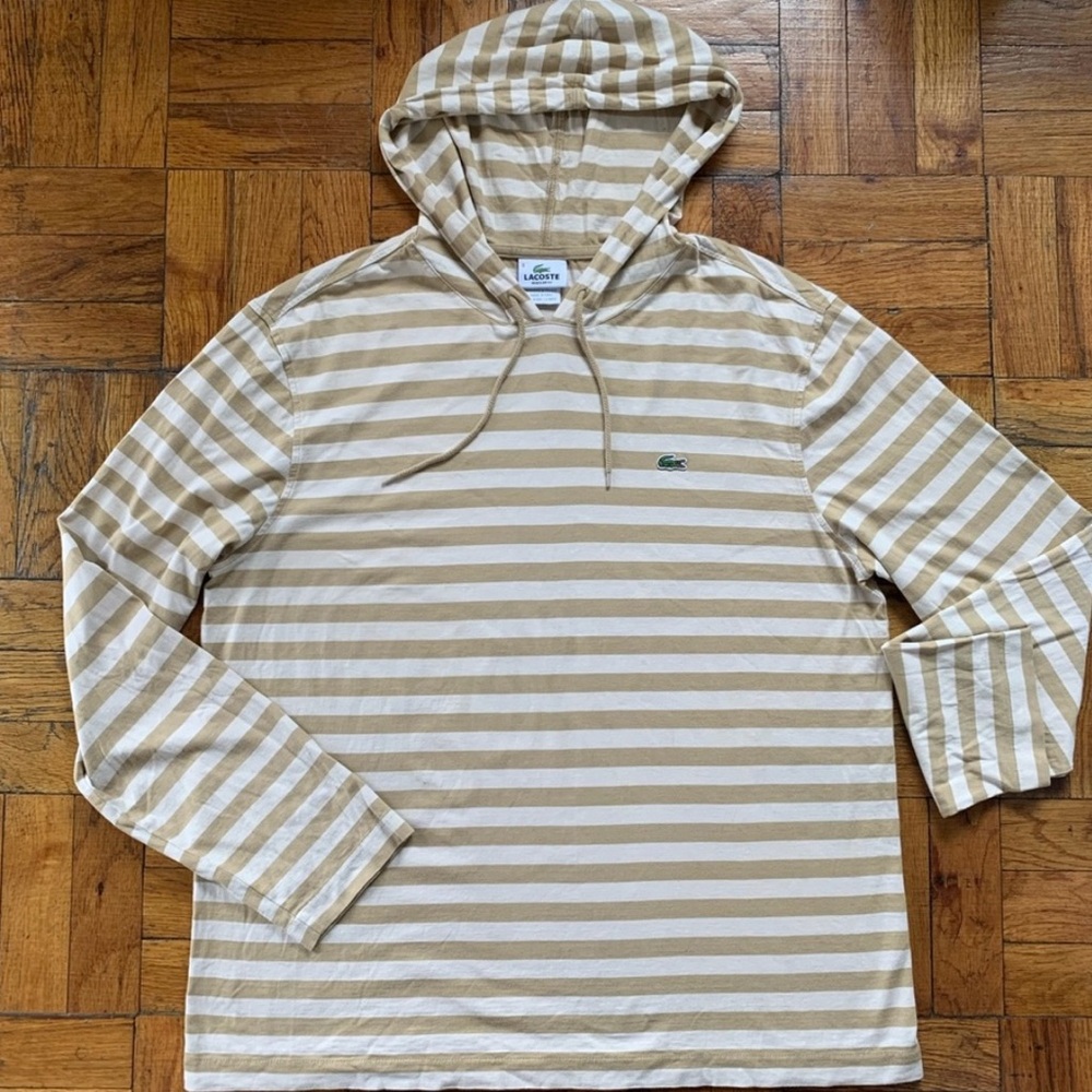 Lacoste Tan and White Striped Hoodie Sweatshirt